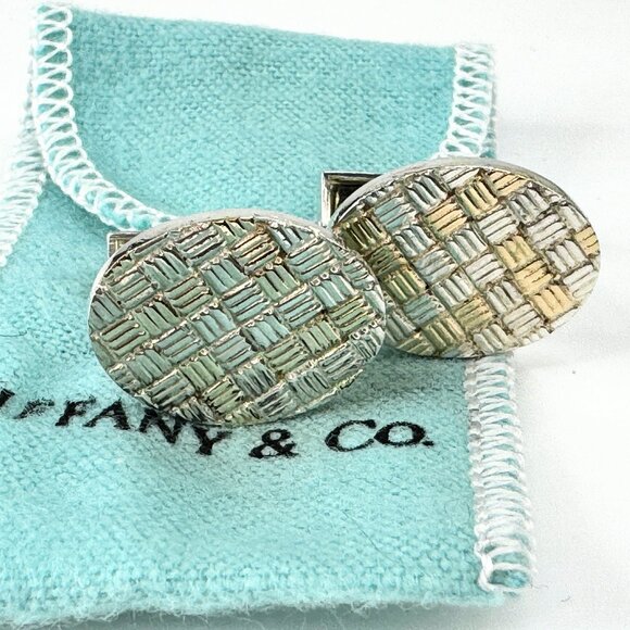 Retired Tiffany & Co. Sterling 14K texture oval Cufflink 14.2g JR9472